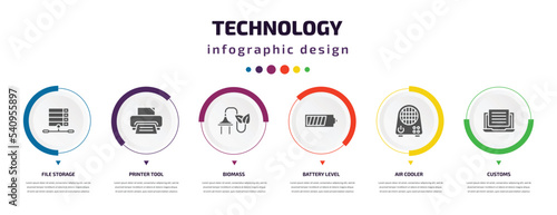 technology infographic element with icons and 6 step or option. technology icons such as file storage, printer tool, biomass, battery level, air cooler, customs vector. can be used for banner, info