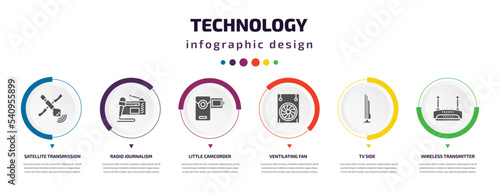 technology infographic element with icons and 6 step or option. technology icons such as satellite transmission, radio journalism, little camcorder, ventilating fan, tv side, wireless transmitter