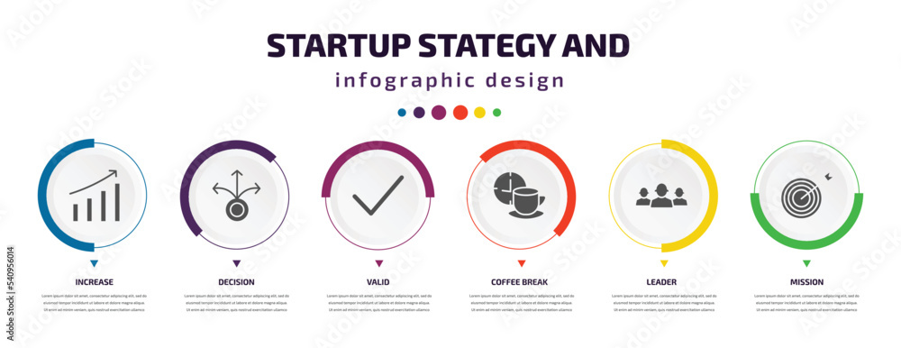 startup stategy and infographic element with icons and 6 step or option. startup stategy and icons such as increase, decision, valid, coffee break, leader, mission vector. can be used for banner, startup stategy and infographic element with icons and 6 step or option. startup stategy and icons such as increase, decision, valid, coffee break, leader, mission vector. can be used for banner,