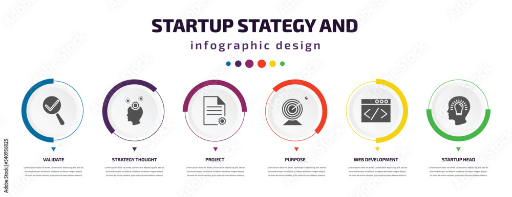 startup stategy and infographic element with icons and 6 step or option. startup stategy and icons such as validate, strategy thought, project, purpose, web development, startup head vector. can be startup stategy and infographic element with icons and 6 step or option. startup stategy and icons such as validate, strategy thought, project, purpose, web development, startup head vector. can be