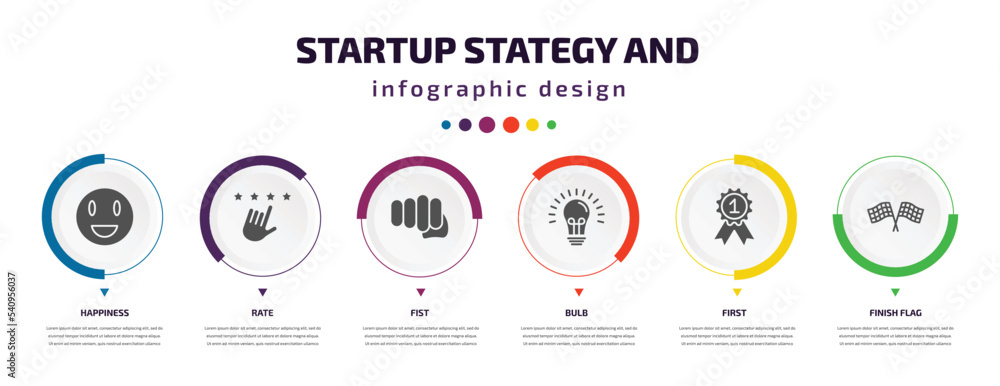 startup stategy and infographic element with icons and 6 step or option. startup stategy and icons such as happiness, rate, fist, bulb, first, finish flag vector. can be used for banner, info graph, startup stategy and infographic element with icons and 6 step or option. startup stategy and icons such as happiness, rate, fist, bulb, first, finish flag vector. can be used for banner, info graph,