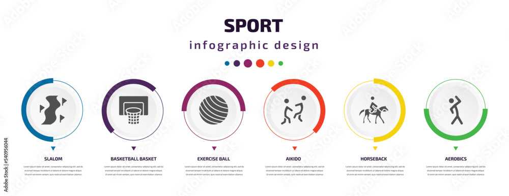sport infographic element with icons and 6 step or option. sport icons such as slalom, basketball basket, exercise ball, aikido, horseback, aerobics vector. can be used for banner, info graph, web, sport infographic element with icons and 6 step or option. sport icons such as slalom, basketball basket, exercise ball, aikido, horseback, aerobics vector. can be used for banner, info graph, web,