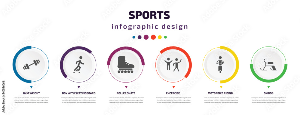sports infographic element with icons and 6 step or option. sports icons such as gym weight, boy with skatingboard, roller skate, excercise, motorbike riding, skibob vector. can be used for banner, sports infographic element with icons and 6 step or option. sports icons such as gym weight, boy with skatingboard, roller skate, excercise, motorbike riding, skibob vector. can be used for banner,