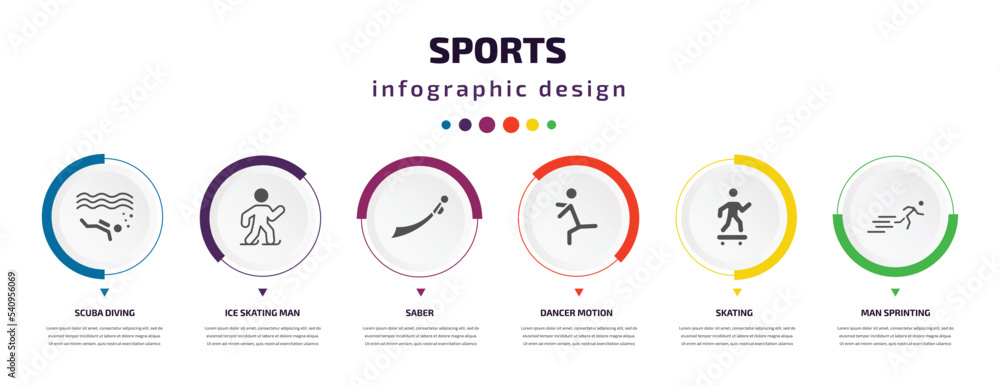 sports infographic element with icons and 6 step or option. sports icons such as scuba diving, ice skating man, saber, dancer motion, skating, man sprinting vector. can be used for banner, info sports infographic element with icons and 6 step or option. sports icons such as scuba diving, ice skating man, saber, dancer motion, skating, man sprinting vector. can be used for banner, info