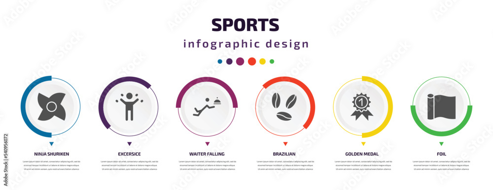 sports infographic element with icons and 6 step or option. sports icons such as ninja shuriken, excersice, waiter falling, brazilian, golden medal, foil vector. can be used for banner, info graph, sports infographic element with icons and 6 step or option. sports icons such as ninja shuriken, excersice, waiter falling, brazilian, golden medal, foil vector. can be used for banner, info graph,