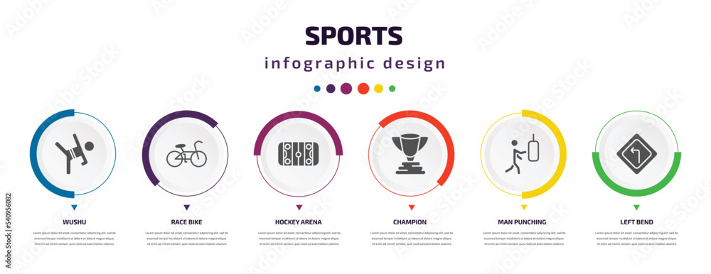sports infographic element with icons and 6 step or option. sports icons such as wushu, race bike, hockey arena, champion, man punching, left bend vector. can be used for banner, info graph, web, sports infographic element with icons and 6 step or option. sports icons such as wushu, race bike, hockey arena, champion, man punching, left bend vector. can be used for banner, info graph, web,