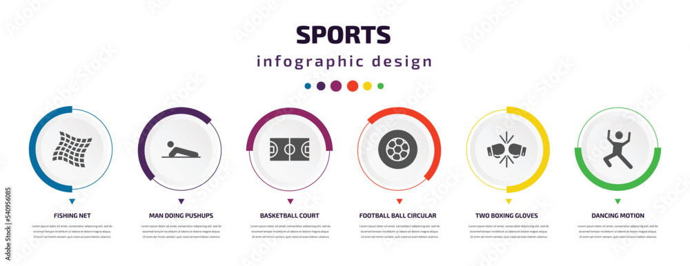 sports infographic element with icons and 6 step or option. sports icons such as fishing net, man doing pushups, basketball court, football ball circular, two boxing gloves, dancing motion vector. sports infographic element with icons and 6 step or option. sports icons such as fishing net, man doing pushups, basketball court, football ball circular, two boxing gloves, dancing motion vector.