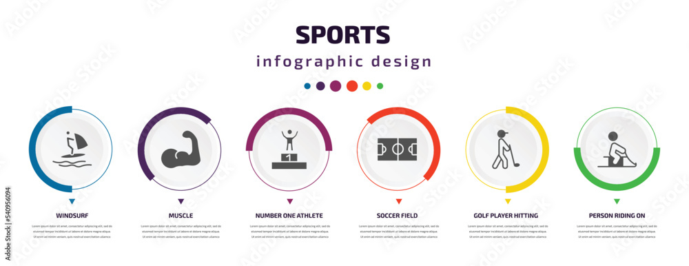 sports infographic element with icons and 6 step or option. sports icons such as windsurf, muscle, number one athlete, soccer field, golf player hitting, person riding on sleigh vector. can be used sports infographic element with icons and 6 step or option. sports icons such as windsurf, muscle, number one athlete, soccer field, golf player hitting, person riding on sleigh vector. can be used