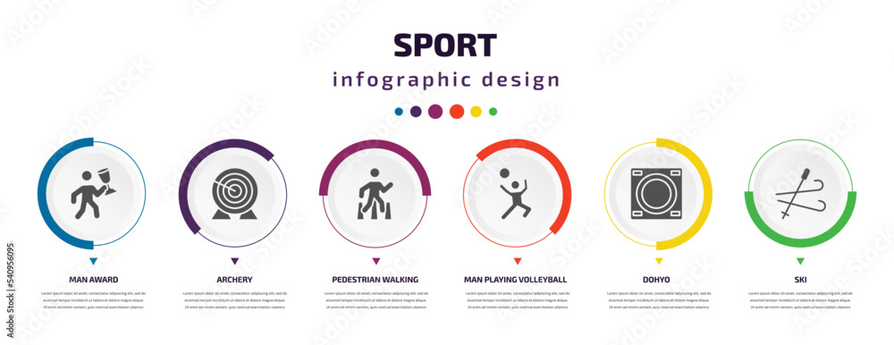 sport infographic element with icons and 6 step or option. sport icons such as man award, archery, pedestrian walking, man playing volleyball, dohyo, ski vector. can be used for banner, info graph, sport infographic element with icons and 6 step or option. sport icons such as man award, archery, pedestrian walking, man playing volleyball, dohyo, ski vector. can be used for banner, info graph,