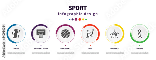 sport infographic element with icons and 6 step or option. sport icons such as slalom, basketball basket, exercise ball, aikido, horseback, aerobics vector. can be used for banner, info graph, web,