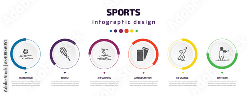 sports infographic element with icons and 6 step or option. sports icons such as waterpolo, squash, jet surfing, amonestation, ice skating, biathlon vector. can be used for banner, info graph, web,