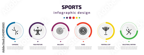 sports infographic element with icons and 6 step or option. sports icons such as capoeira, yoga posture, bullseye, third, football cup, volleyball motion vector. can be used for banner, info graph,