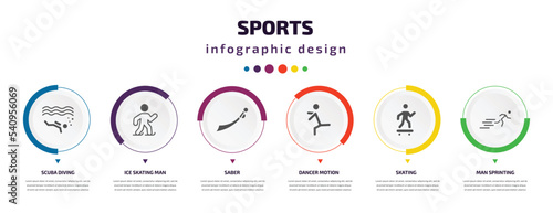 sports infographic element with icons and 6 step or option. sports icons such as scuba diving, ice skating man, saber, dancer motion, skating, man sprinting vector. can be used for banner, info