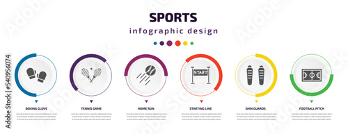 sports infographic element with icons and 6 step or option. sports icons such as boxing glove, tennis game, home run, starting line, shin guards, football pitch vector. can be used for banner, info