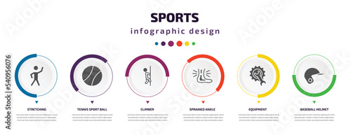 sports infographic element with icons and 6 step or option. sports icons such as stretching, tennis sport ball, climber, sprained ankle, equipment, baseball helmet vector. can be used for banner,
