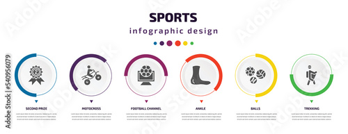 sports infographic element with icons and 6 step or option. sports icons such as second prize, motocross, football channel, ankle, balls, trekking vector. can be used for banner, info graph, web,