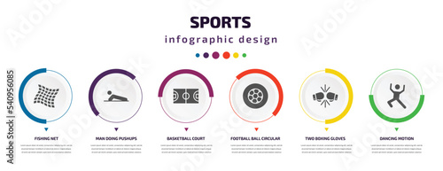 sports infographic element with icons and 6 step or option. sports icons such as fishing net, man doing pushups, basketball court, football ball circular, two boxing gloves, dancing motion vector.