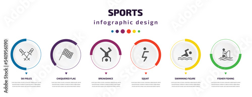 sports infographic element with icons and 6 step or option. sports icons such as ski poles, chequered flag, breakdance, squat, swimming figure, fisher fishing vector. can be used for banner, info