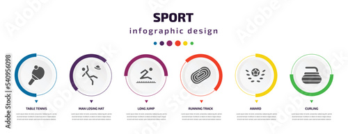 sport infographic element with icons and 6 step or option. sport icons such as table tennis, man losing hat, long jump, running track, award, curling vector. can be used for banner, info graph, web,
