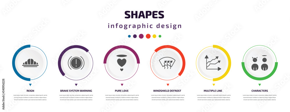 shapes infographic element with icons and 6 step or option. shapes icons such as reign, brake system warning, pure love, windshield defrost, multiple line, characters vector. can be used for banner, shapes infographic element with icons and 6 step or option. shapes icons such as reign, brake system warning, pure love, windshield defrost, multiple line, characters vector. can be used for banner,