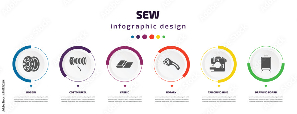 sew infographic element with icons and 6 step or option. sew icons such as bobbin, cotton reel, fabric, rotary, tailoring hine, drawing board vector. can be used for banner, info graph, web,