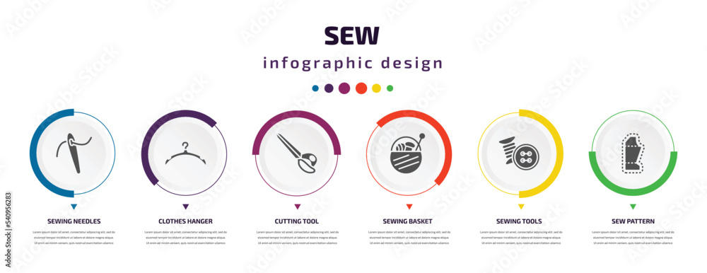 sew infographic element with icons and 6 step or option. sew icons such as sewing needles, clothes hanger, cutting tool, sewing basket, sewing tools, sew pattern vector. can be used for banner, info sew infographic element with icons and 6 step or option. sew icons such as sewing needles, clothes hanger, cutting tool, sewing basket, sewing tools, sew pattern vector. can be used for banner, info