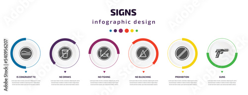 signs infographic element with icons and 6 step or option. signs icons such as is congruent to, no drinks, no fishing, no bleaching, prohibition, guns vector. can be used for banner, info graph,