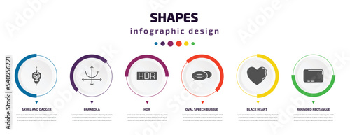 shapes infographic element with icons and 6 step or option. shapes icons such as skull and dagger, parabola, hdr, oval speech bubble, black heart, rounded rectangle vector. can be used for banner,