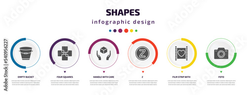 shapes infographic element with icons and 6 step or option. shapes icons such as empty bucket, four squares, handle with care, z, film strip with heart, foto vector. can be used for banner, info