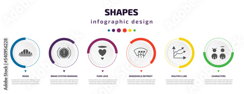 shapes infographic element with icons and 6 step or option. shapes icons such as reign, brake system warning, pure love, windshield defrost, multiple line, characters vector. can be used for banner,