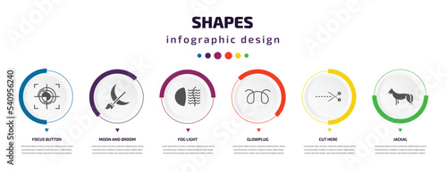 shapes infographic element with icons and 6 step or option. shapes icons such as focus button, moon and broom, fog light, glowplug, cut here, jackal vector. can be used for banner, info graph, web,