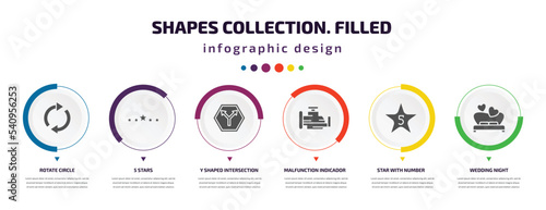 shapes collection. filled infographic element with icons and 6 step or option. shapes collection. filled icons such as rotate circle, 5 stars, y shaped intersection, malfunction indicador, star with