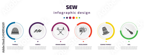 sew infographic element with icons and 6 step or option. sew icons such as thimble, fabrics, ironing board, needlework, sewing thimble, awl vector. can be used for banner, info graph, web,