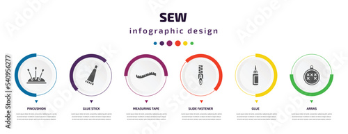 sew infographic element with icons and 6 step or option. sew icons such as pincushion, glue stick, measuring tape, slide fastener, glue, arras vector. can be used for banner, info graph, web,