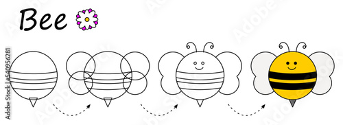 worksheet for step by step drawing a bee. teaching basic drawing. Children's coloring, draw a bee. Easy educational game for children of preschool and primary school age