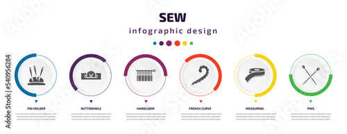 sew infographic element with icons and 6 step or option. sew icons such as pin holder, buttonhole, handloom, french curve, measuring, pins vector. can be used for banner, info graph, web,