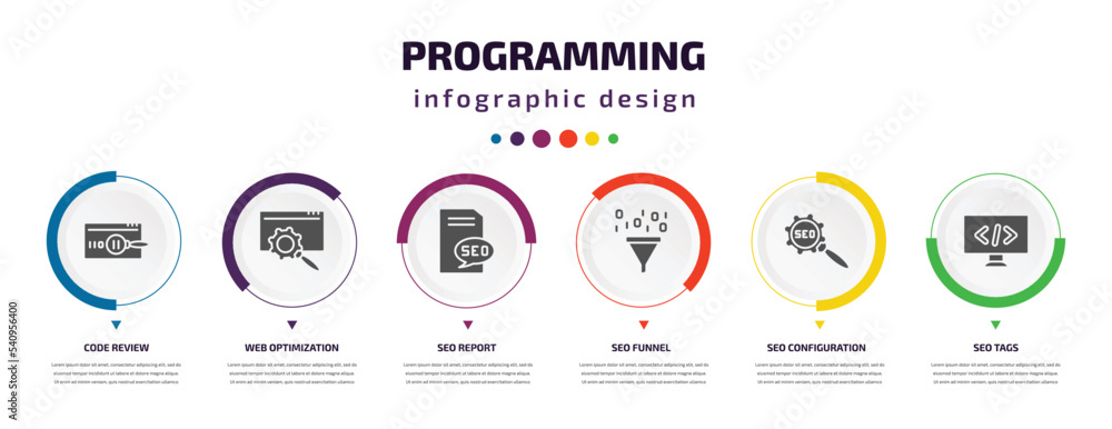 programming infographic element with icons and 6 step or option. programming icons such as code review, web optimization, seo report, seo funnel, seo configuration, tags vector. can be used for programming infographic element with icons and 6 step or option. programming icons such as code review, web optimization, seo report, seo funnel, seo configuration, tags vector. can be used for