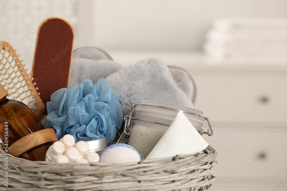 Spa gift set with different products indoors, closeup Spa gift set with different products indoors, closeup