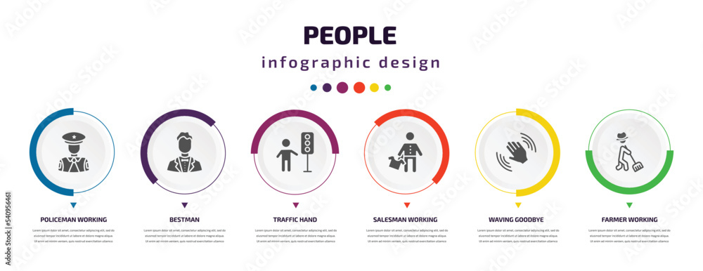 people infographic element with icons and 6 step or option. people icons such as policeman working, bestman, traffic hand, salesman working, waving goodbye, farmer working vector. can be used for people infographic element with icons and 6 step or option. people icons such as policeman working, bestman, traffic hand, salesman working, waving goodbye, farmer working vector. can be used for