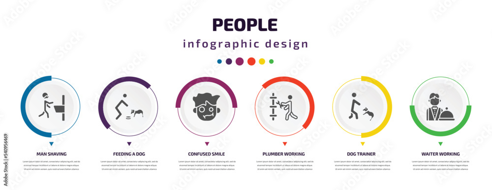 people infographic element with icons and 6 step or option. people icons such as man shaving, feeding a dog, confused smile, plumber working, dog trainer, waiter working vector. can be used for people infographic element with icons and 6 step or option. people icons such as man shaving, feeding a dog, confused smile, plumber working, dog trainer, waiter working vector. can be used for