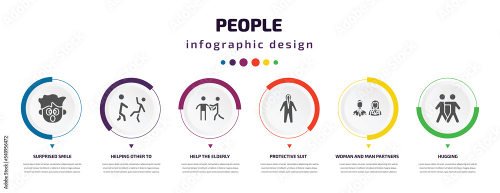 people infographic element with icons and 6 step or option. people icons such as surprised smile, helping other to jump, help the elderly, protective suit, woman and man partners, hugging vector. people infographic element with icons and 6 step or option. people icons such as surprised smile, helping other to jump, help the elderly, protective suit, woman and man partners, hugging vector.