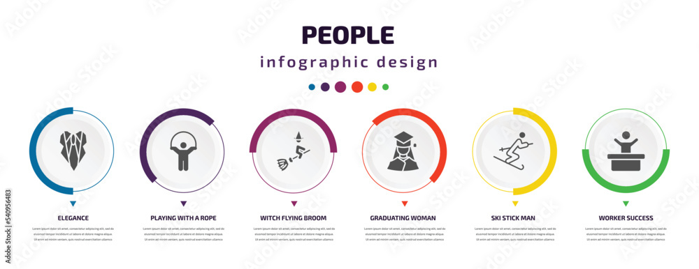 people infographic element with icons and 6 step or option. people icons such as elegance, playing with a rope, witch flying broom, graduating woman, ski stick man, worker success vector. can be people infographic element with icons and 6 step or option. people icons such as elegance, playing with a rope, witch flying broom, graduating woman, ski stick man, worker success vector. can be