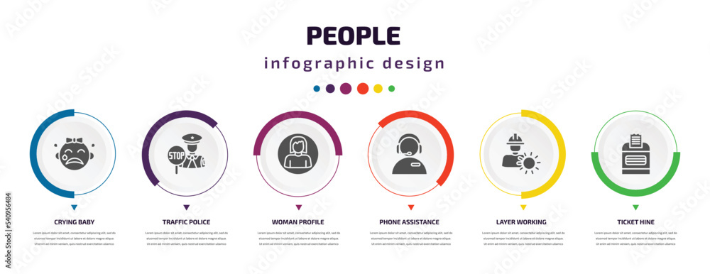 people infographic element with icons and 6 step or option. people icons such as crying baby, traffic police, woman profile, phone assistance, layer working, ticket hine vector. can be used for people infographic element with icons and 6 step or option. people icons such as crying baby, traffic police, woman profile, phone assistance, layer working, ticket hine vector. can be used for