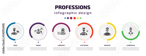 professions infographic element with icons and 6 step or option. professions icons such as judge, singer, librarian, electrician, bouncer, lumberjack vector. can be used for banner, info graph, web,