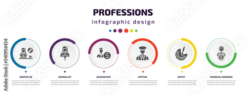 professions infographic element with icons and 6 step or option. professions icons such as graphic de, journalist, accountant, captain, artist, financial manager vector. can be used for banner, info