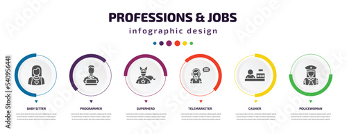 professions & jobs infographic element with icons and 6 step or option. professions & jobs icons such as baby sitter, programmer, superhero, telemarketer, cashier, policewoman vector. can be used