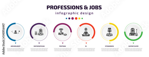 professions & jobs infographic element with icons and 6 step or option. professions & jobs icons such as archeologist, mathematician, postman, dj, stewardess, guitar player vector. can be used for