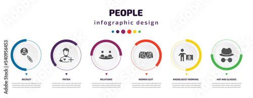 people infographic element with icons and 6 step or option. people icons such as recruit, patien, relations, women suit, radiologist working, hat and glasses vector. can be used for banner, info