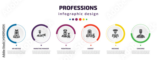 professions infographic element with icons and 6 step or option. professions icons such as air hostess, marketing manager, pediatrician, chemist, mechanic, concierge vector. can be used for banner,