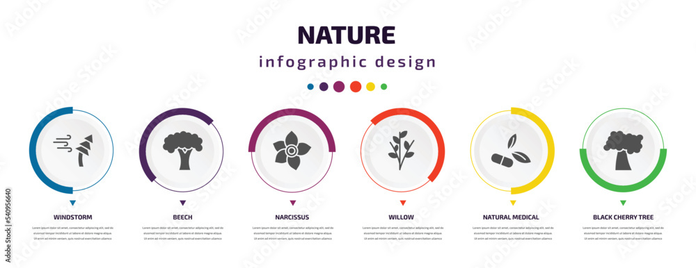 nature infographic element with icons and 6 step or option. nature icons such as windstorm, beech, narcissus, willow, natural medical pills, black cherry tree vector. can be used for banner, info nature infographic element with icons and 6 step or option. nature icons such as windstorm, beech, narcissus, willow, natural medical pills, black cherry tree vector. can be used for banner, info